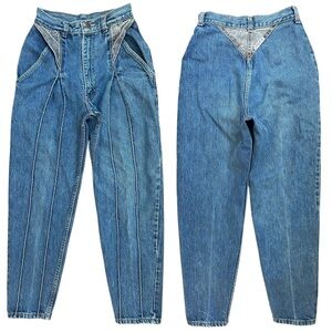 Vintage 80s 90s Denim Gray Panels Taper Leg Front Pipe Western Jeans 21.5” waist